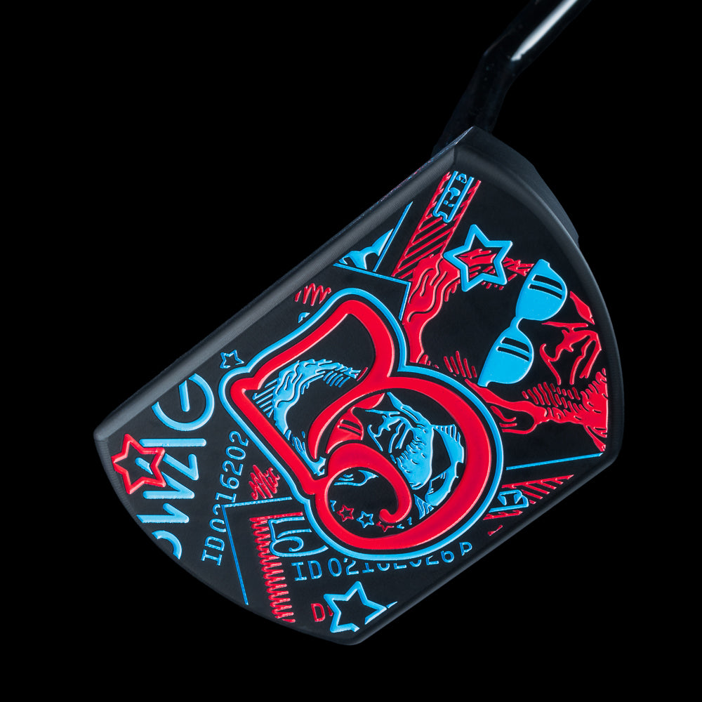 SWAG Golf 5 Over The Boss 2.0 limited edition mid-mallet steel golf putter with a black cerakote finish and handpainted details. Right handed and includes a matching golf headcover.