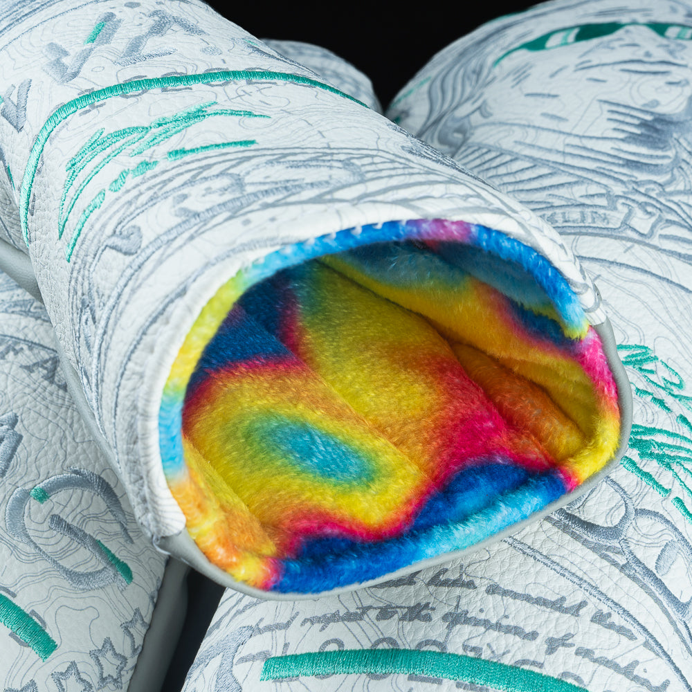 SWAG Golf Almighty Dollar 6.0 golf headcover special wood set featuring one driver and two fairway covers on white material with a dollar bill theme and heatmap multicolored fur lining.