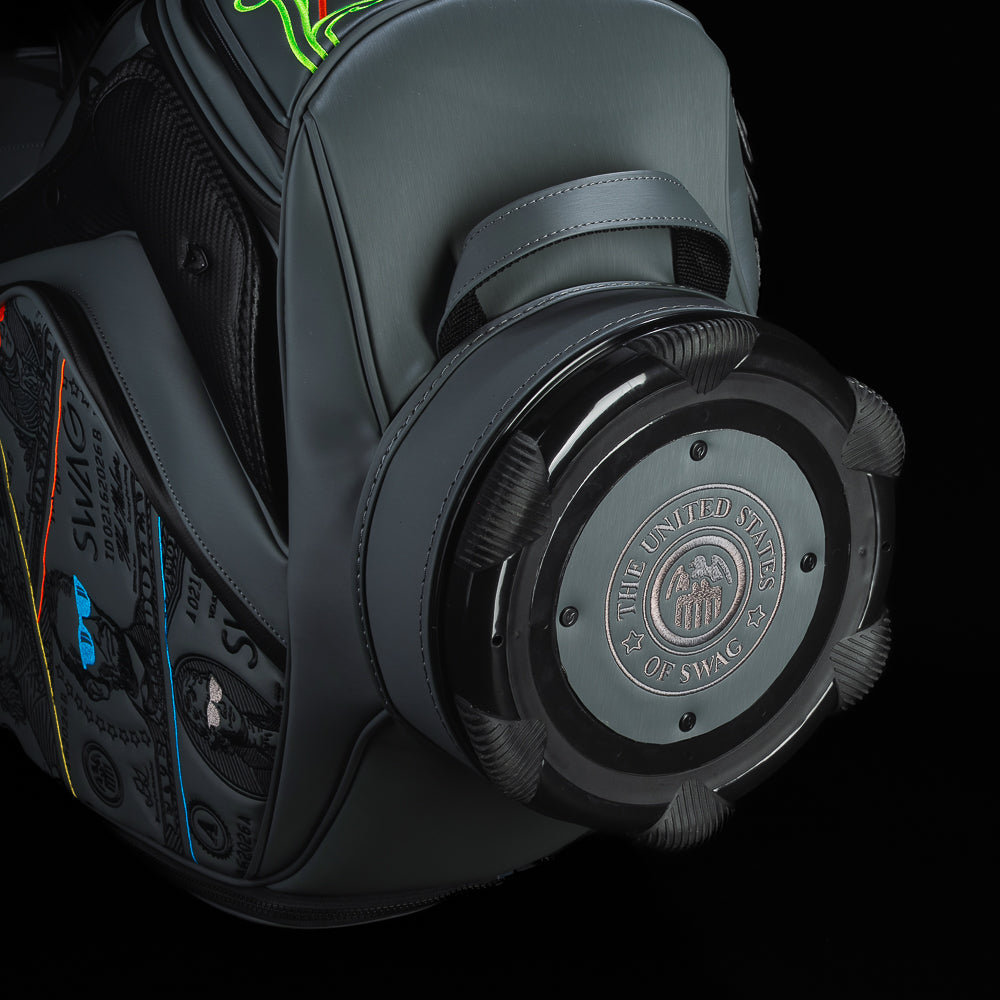 SWAG Golf x Vessel Prime 2.0 Staff golf bag with blackout dollar bills design and Jefferson on the front panel.