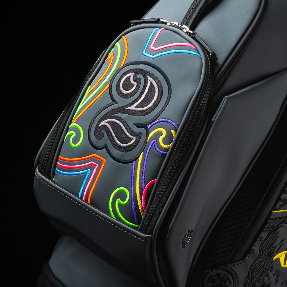 Gray SWAG Golf x Vessel golf stand bag with colorful dollar bill themed designs on a black background.