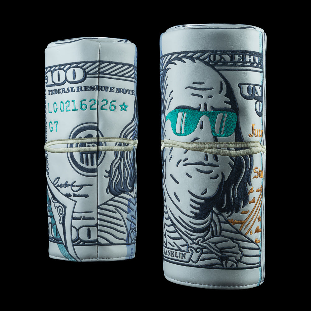 SWAG Golf Cash Wad barrel driver cover featuring wrapped hundred dollar bill artwork with Franklin wearing sunglasses