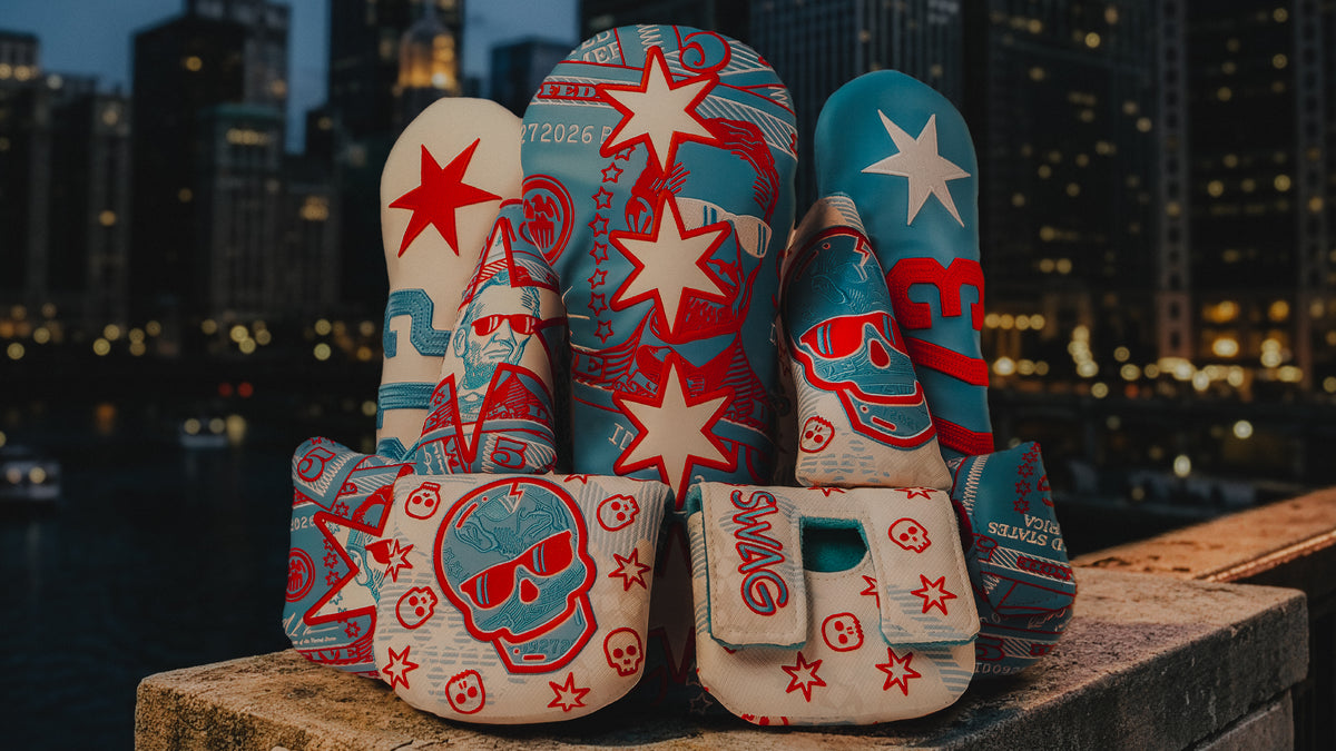 SWAG Golf 2026 Windy City Collection featuring Chicago themed golf headcovers set against the Chicago skyline.