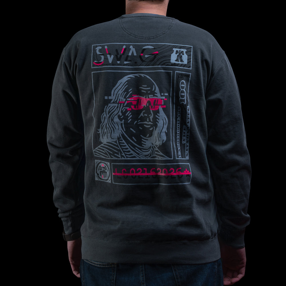 Back of SWAG Golf Glitched Out Benji crewneck with large Benjamin Franklin graphic wearing pink glitch sunglasses and bold SWAG artwork.