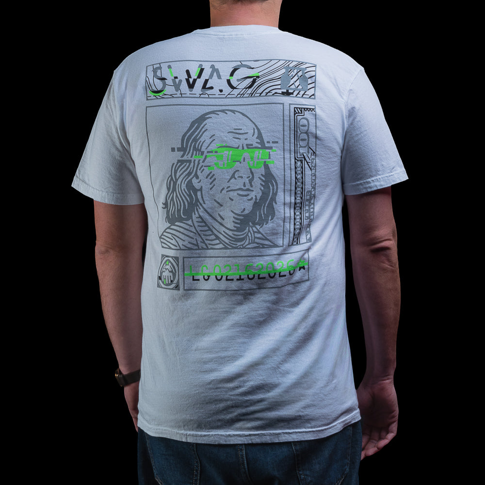 Back of SWAG Golf Glitched Out Benji white t-shirt with large Benjamin Franklin graphic wearing green glitch sunglasses and bold SWAG artwork.