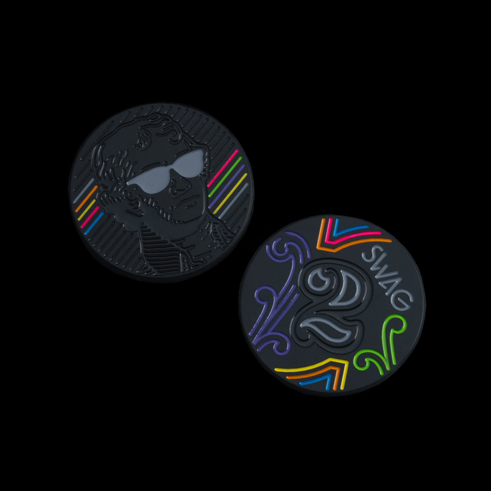 SWAG Golf Jefferson black ball marker with illustrated portrait and multicolor accent lines