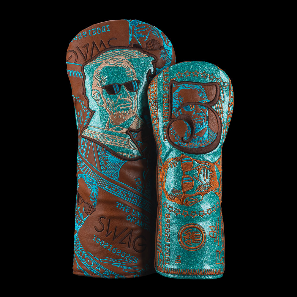 SWAG Golf 2 Piece driver and fairway golf headcover set with a brown and green oversized Lincoln penny theme.