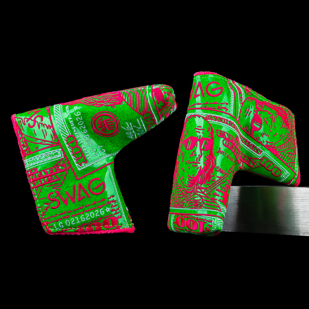 SWAG Golf neon green and pink Ben Franklin dollar bill themed blade golf headcover.