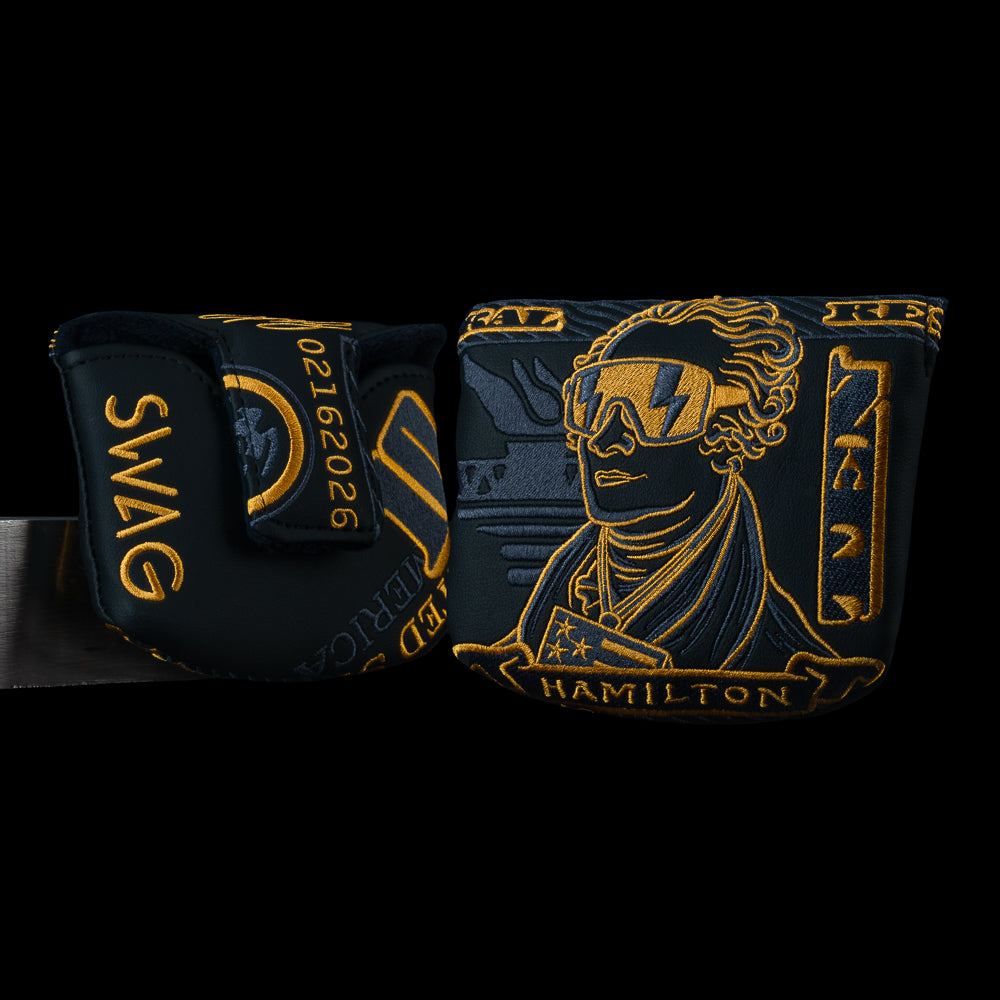 Black and gold Vibin’ Broadway Hamilton mallet cover featuring stylized Hamilton artwork, money designs, and SWAG Golf branding.