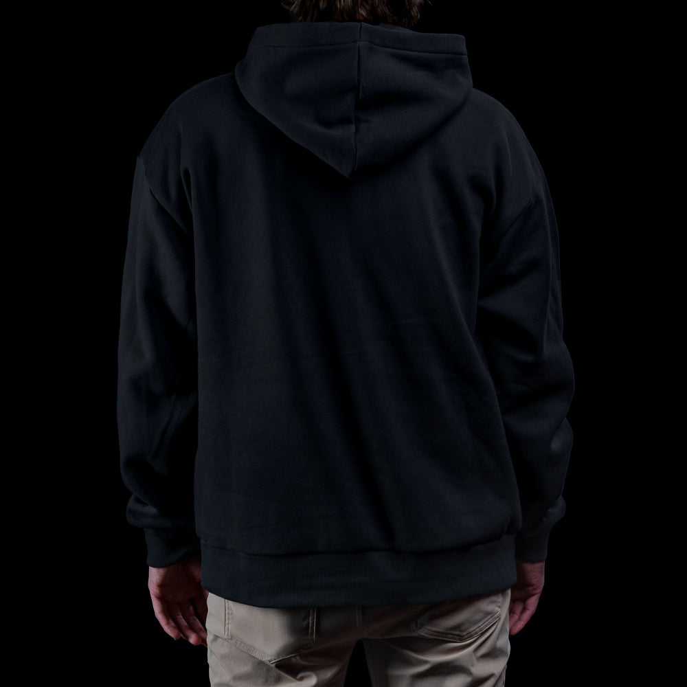 Back view of black SWAG Golf Glitch Skull Hoodie showing clean minimal design with hood and relaxed silhouette.