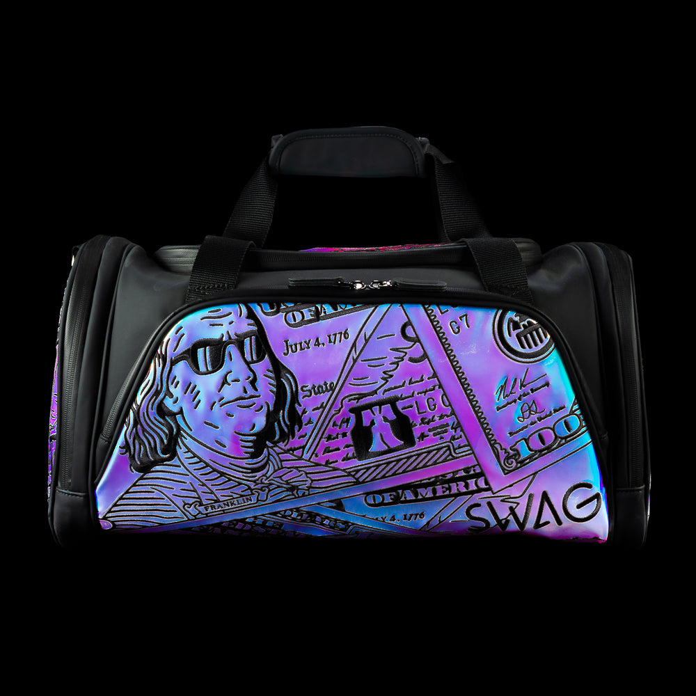 SWAG Golf Pearlescent Franklin iridescent and black golf duffel bag accessory.