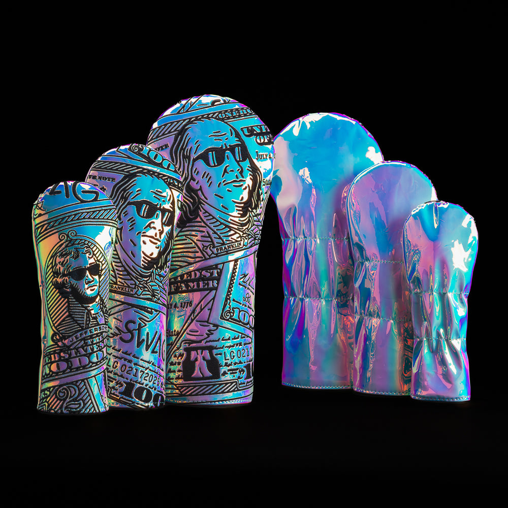 SWAG Golf pearlescent dollar bills wood cover set of driver, fairway, and hybrid golf headcovers.