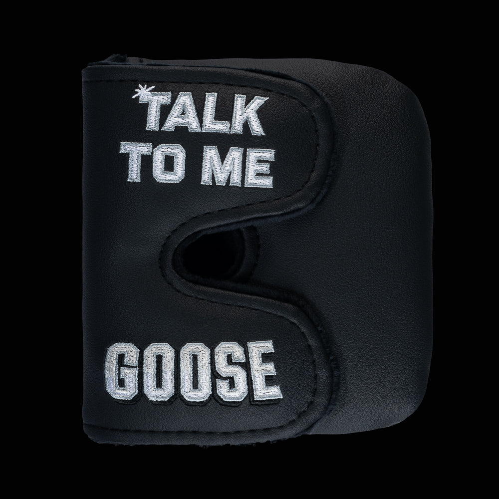 Rewind Golf x Top Gun official Talk To Me Goose black and silver dog tag themed center shaft XL mallet headcover.