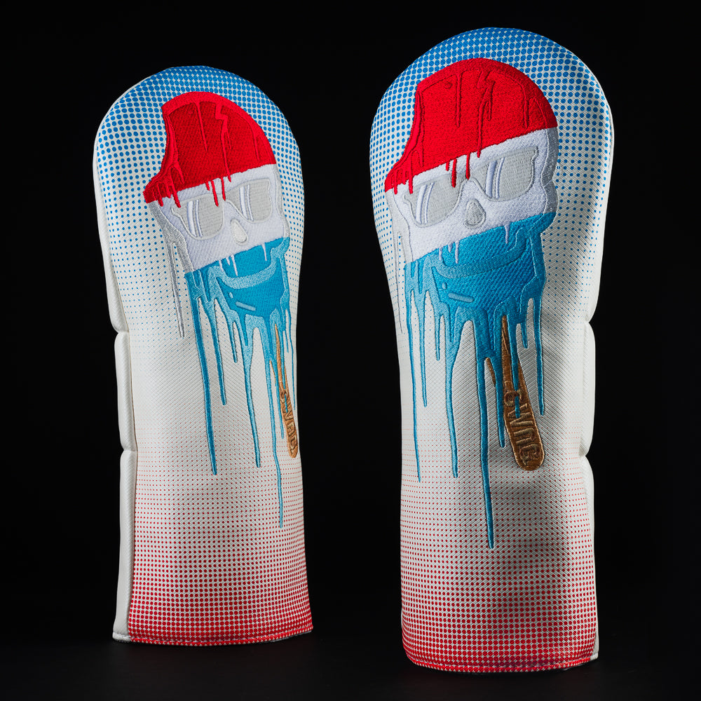 Red, white and blue melting skull pop driver golf head cover made in the USA.