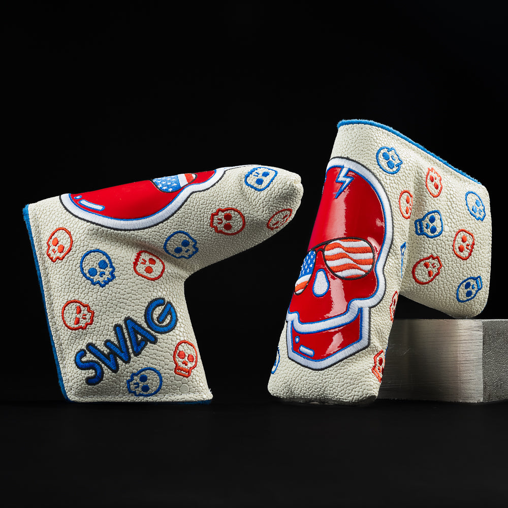 Patriotic Skull with red and blue skulls and american flag in the lenses of the aviators blade golf club head cover. Made in the USA.