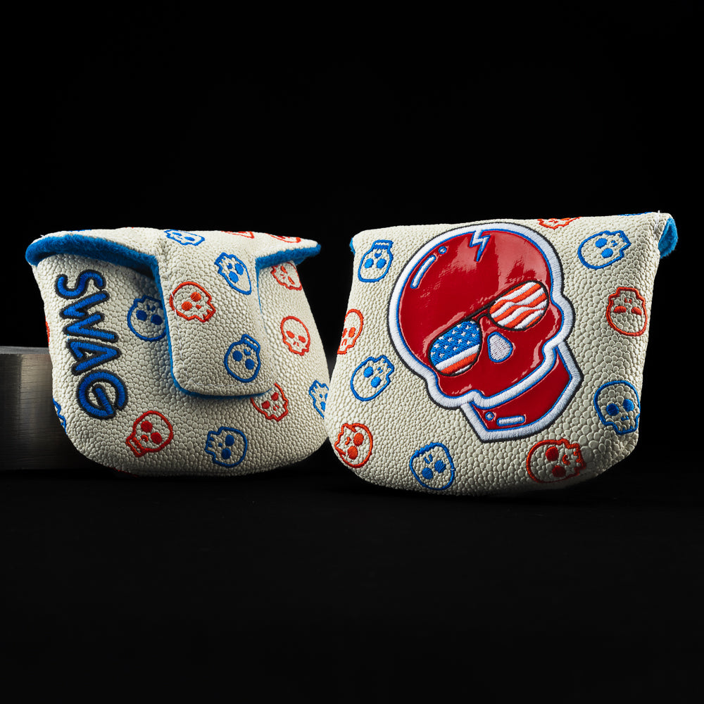 Patriotic Skull with red and blue skulls and american flag in the lenses of the aviators mallet golf club head cover. Made in the USA.