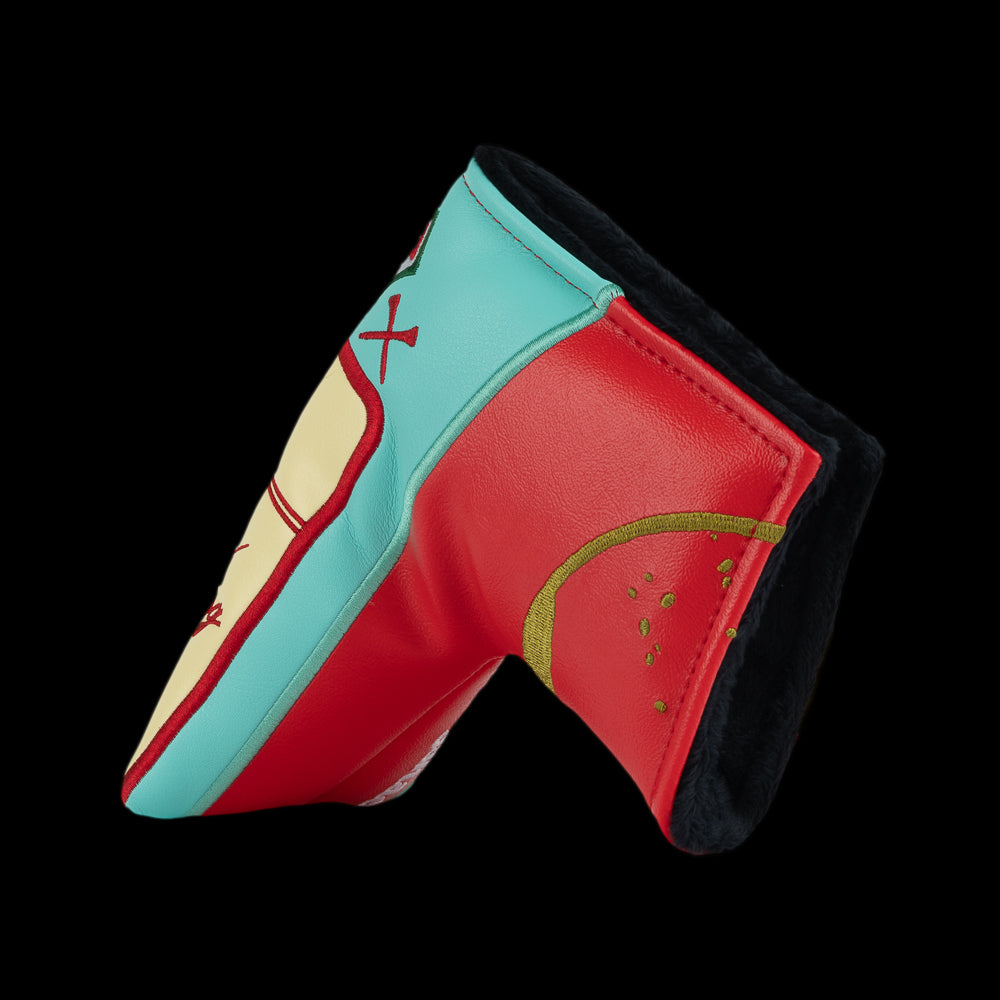 Rear angle of Rewind Golf Caddyshack Halfway House Menu blade headcover with red panel, yellow accents and black edging.