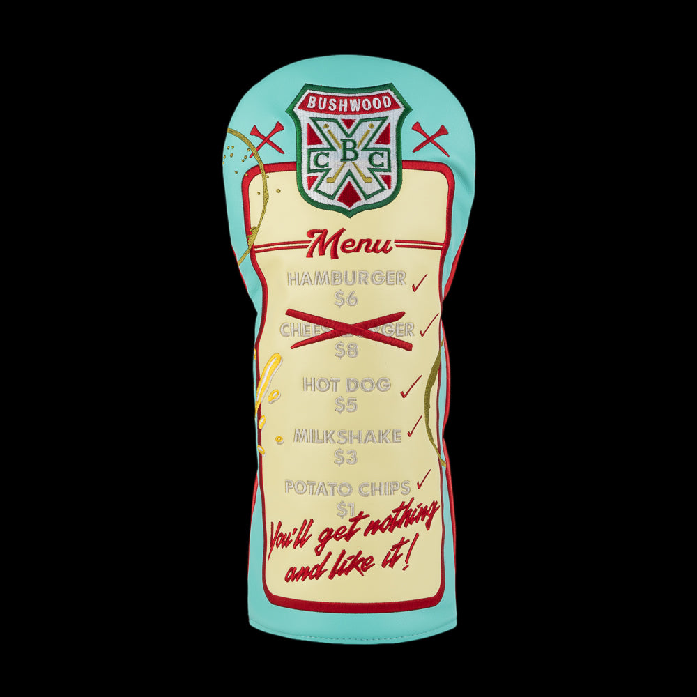 Rewind Golf Caddyshack Halfway House Menu driver headcover with Bushwood crest, embroidered cream menu and turquoise border.