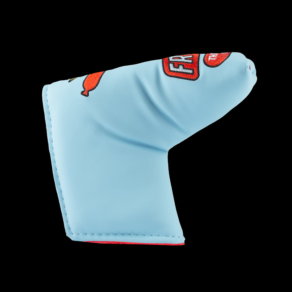 Rewind Golf x Ferris Bueller's Day Off official sky blue and red blade golf headcover featuring Abe Froman Sausage King of Chicago embroidery.