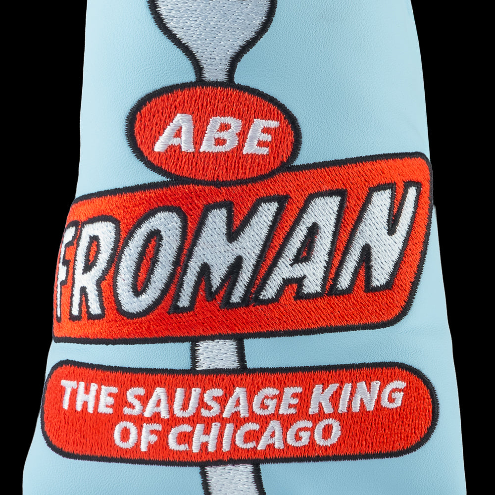 Rewind Golf x Ferris Bueller's Day Off official sky blue and red blade golf headcover featuring Abe Froman Sausage King of Chicago embroidery.