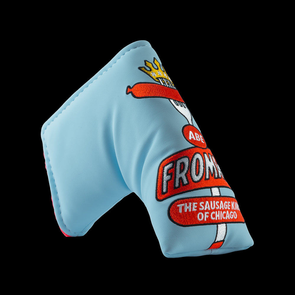 Rewind Golf x Ferris Bueller's Day Off official sky blue and red blade golf headcover featuring Abe Froman Sausage King of Chicago embroidery.