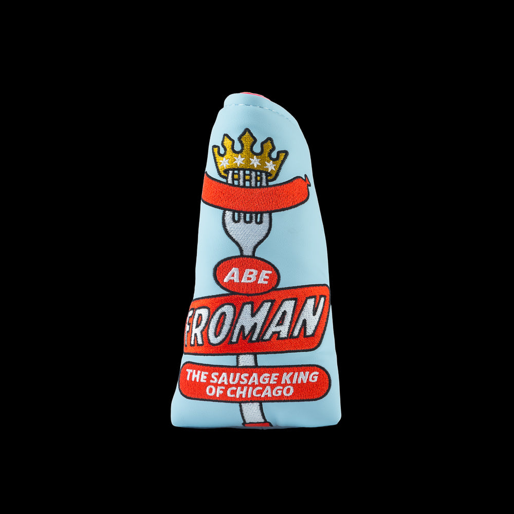 Rewind Golf x Ferris Bueller's Day Off official sky blue and red blade golf headcover featuring Abe Froman Sausage King of Chicago embroidery.