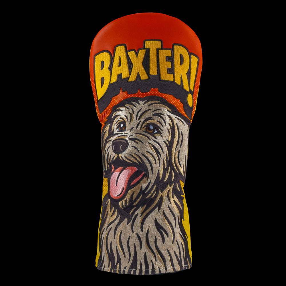 Rewind Golf x Anchorman Baxter The Dog themed driver golf headcover with 'Baxter!' text on a black background.