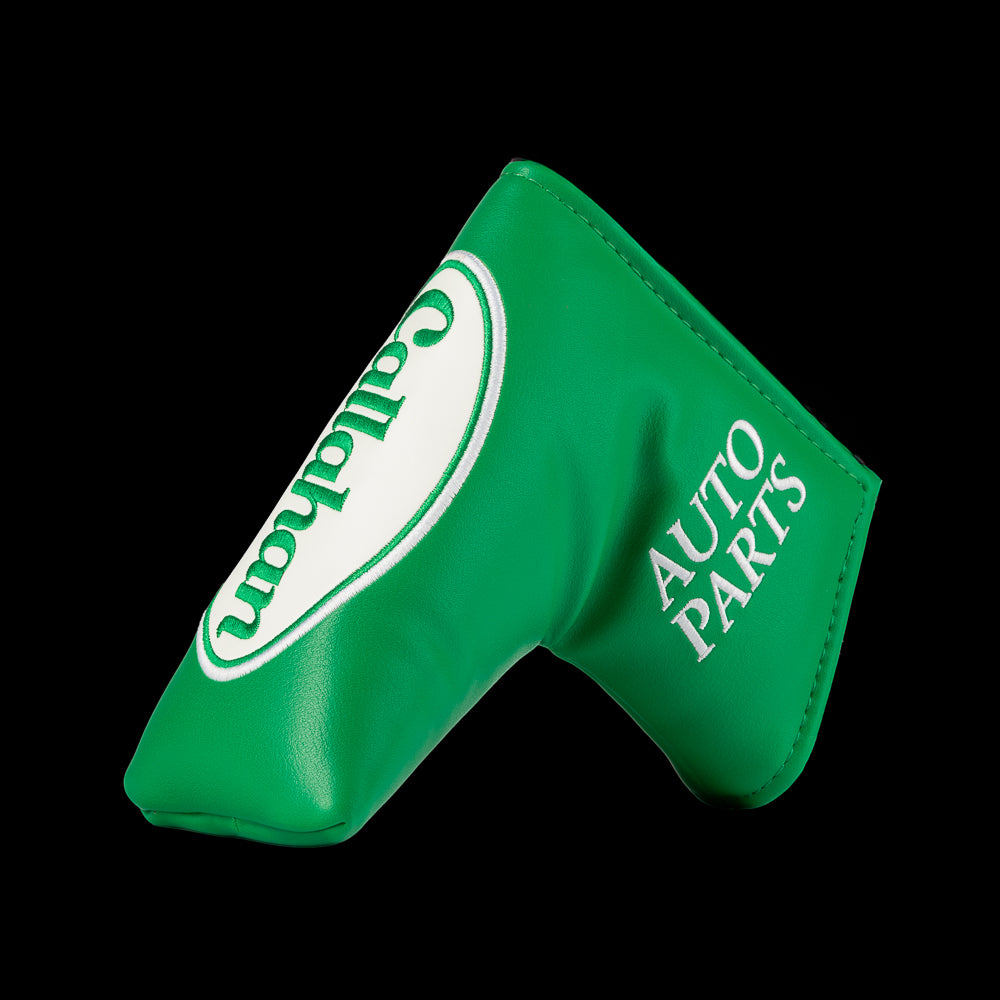 Green Callahan Auto Parts blade putter cover with logo.
