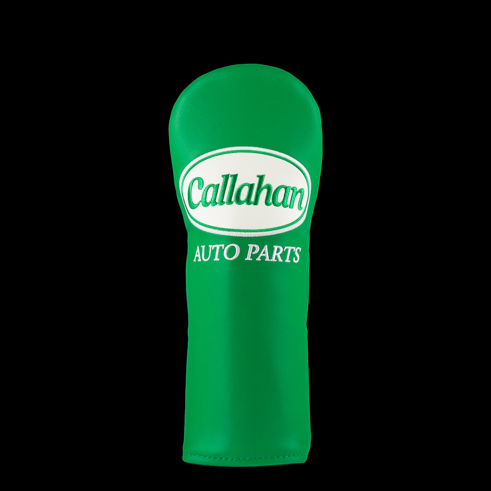 Green Callahan Auto Parts fairway cover with white logo.