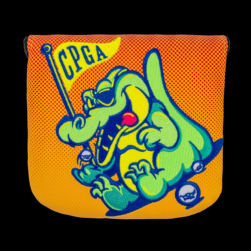 Rewind Golf x Happy Gilmore Chubbs Peterson Golf Academy orange and yellow officially licensed center shaft XL mallet headcover.