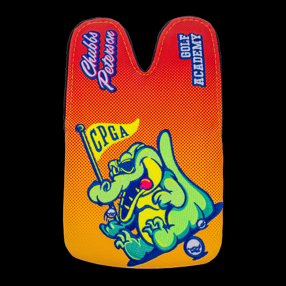 Rewind Golf x Happy Gilmore Chubbs Peterson Golf Academy orange and yellow officially licensed center shaft XL mallet headcover.