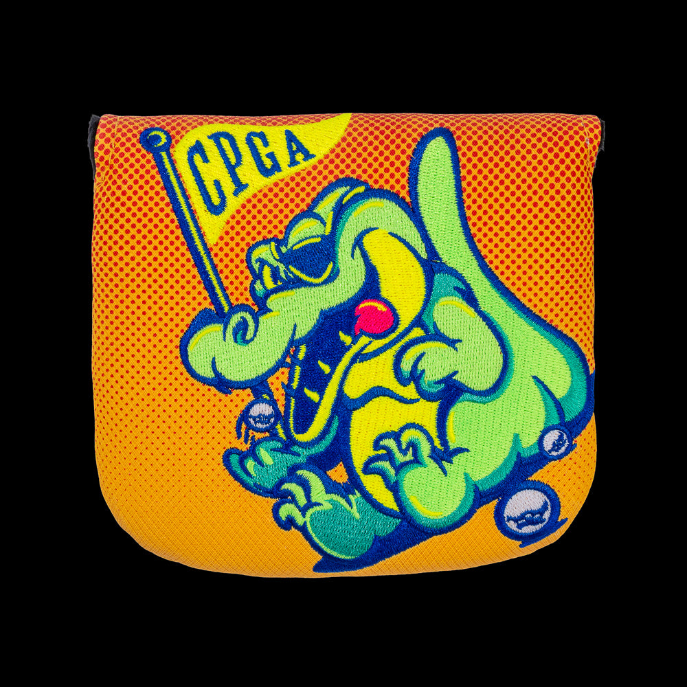 Rewind Golf x Happy Gilmore official Chubbs Peterson Golf Academy orange and yellow gator themed center shaft mallet golf headcover.