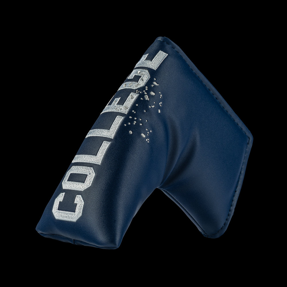 Rewind Golf x Animal House College blue blade golf headcover with 'COLLEGE' text on a black background