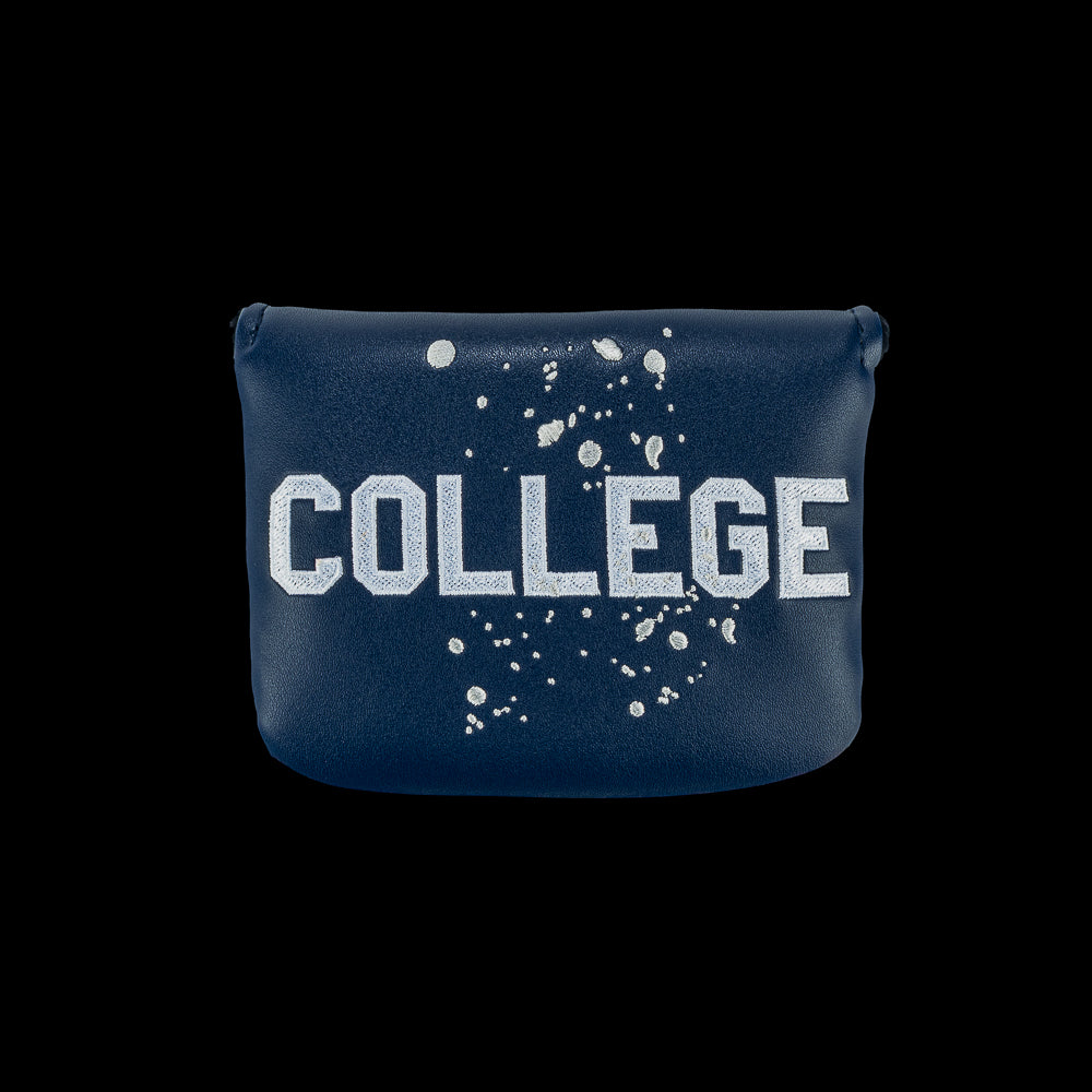 Rewind Golf x Animal House official mallet golf headcover with 'COLLEGE' text and white paint splashes on a black background