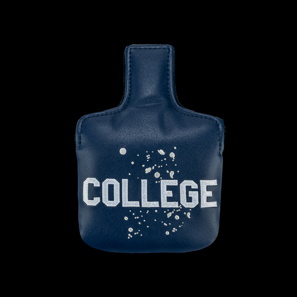 Rewind Golf x Animal House official mallet golf headcover with 'COLLEGE' text and white paint splashes on a black background