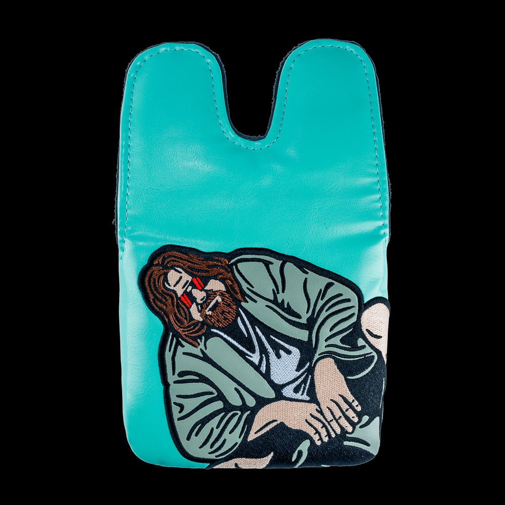 Rewind Golf x Big Lebowski The Dude Abides official center shaft XL golf headcover with teal material and the dude embroidered.