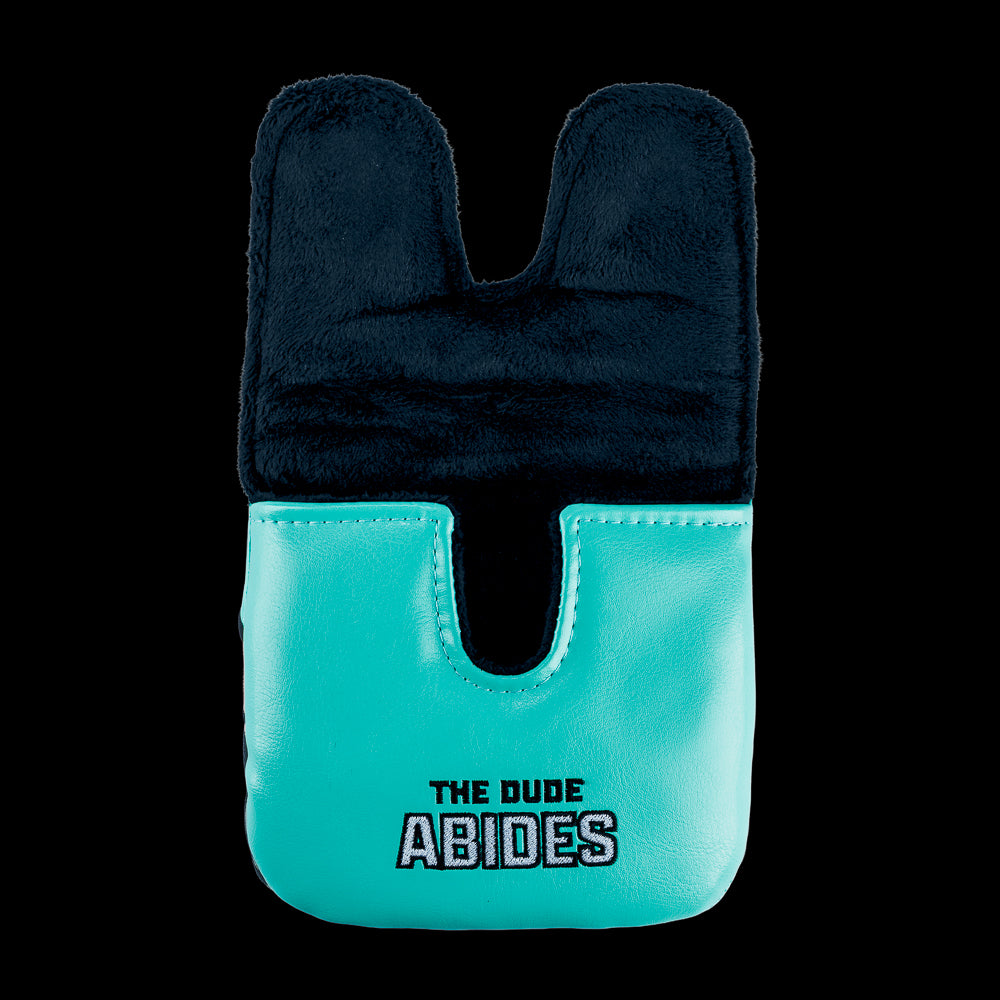 Rewind Golf x Big Lebowski The Dude Abides official center shaft XL golf headcover with teal material and the dude embroidered.