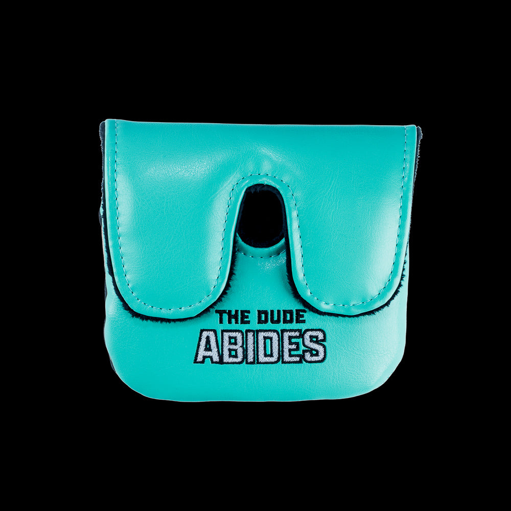 Rewind Golf x Big Lebowski The Dude Abides official center shaft XL golf headcover with teal material and the dude embroidered.