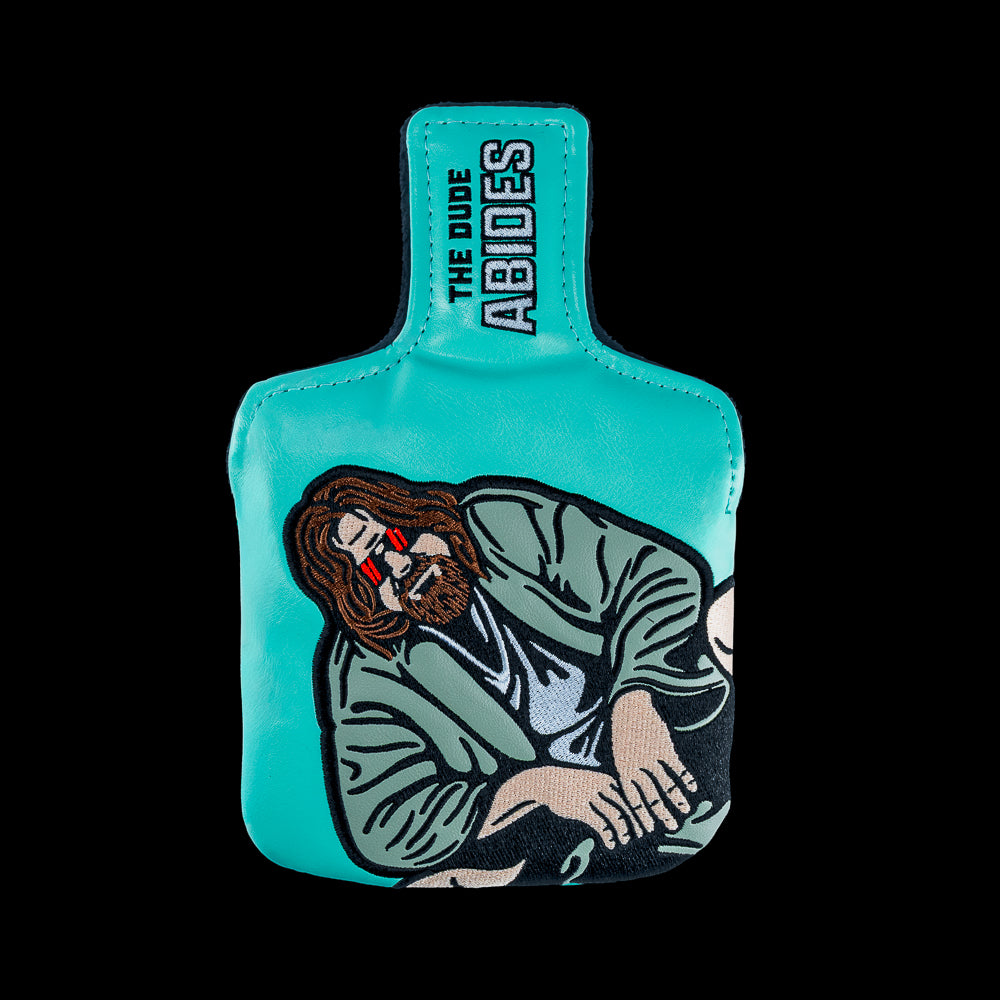 Rewind Golf x Big Lebowski The Dude Abides official teal mallet golf headcover with an embroidered dude on the front.
