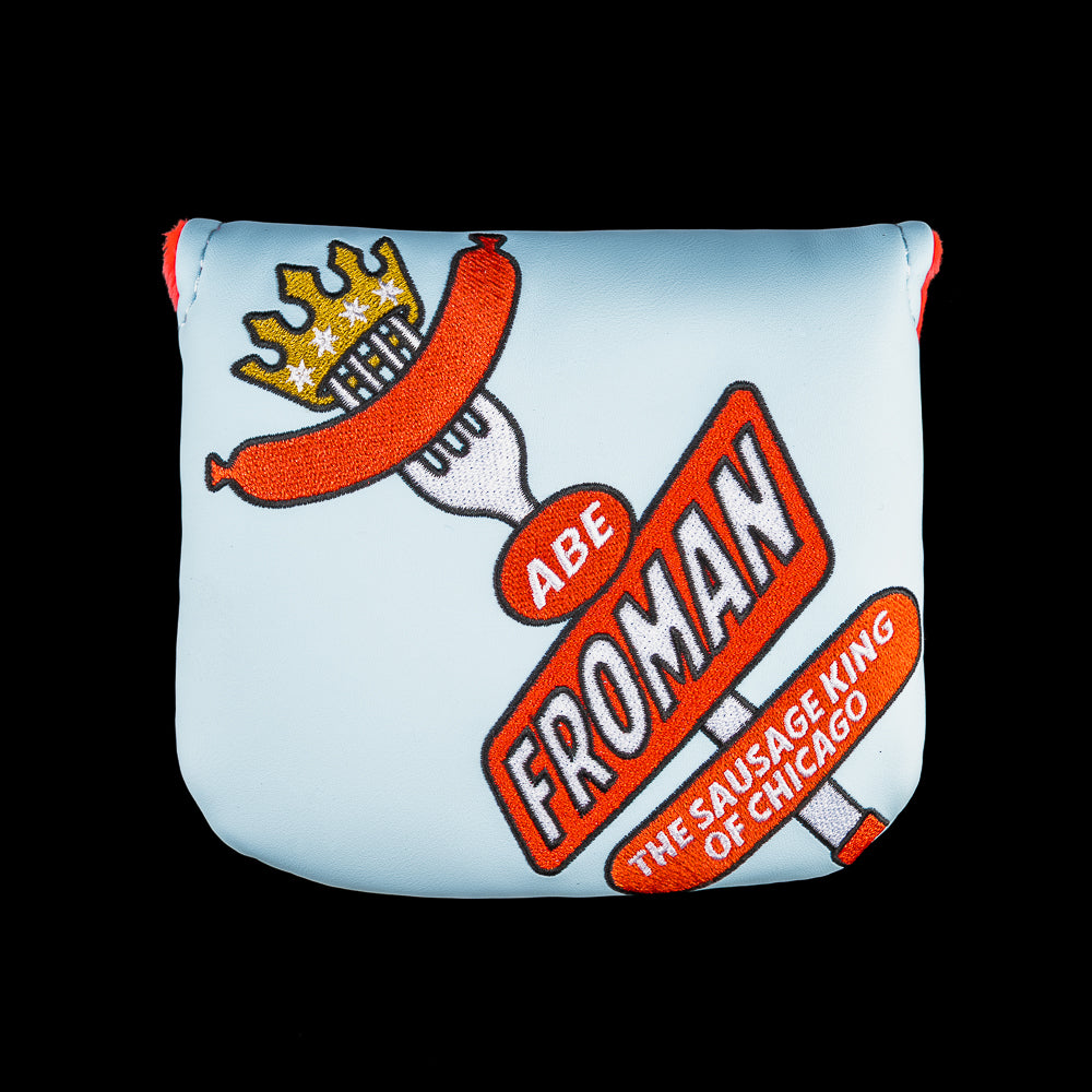 Rewind Golf x Ferris Bueller official Abe Froman Sausage King of Chicago blue and red center shaft mallet golf headcover.
