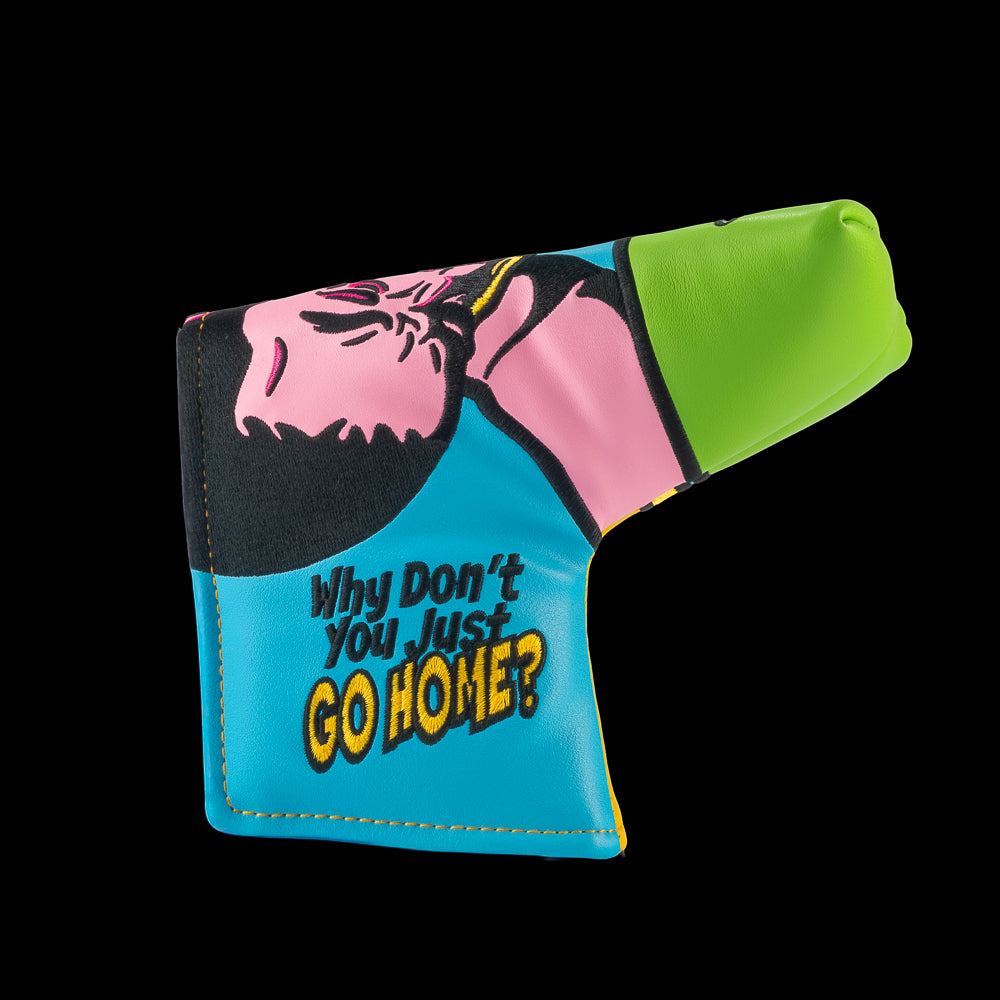 Rewind Golf x Happy Gilmore Why Don't You Just Go Home movie scene green, blue, and yellow blade golf headcover.
