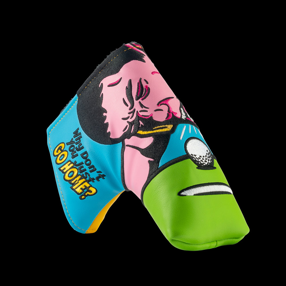 Rewind Golf x Happy Gilmore Why Don't You Just Go Home movie scene green, blue, and yellow blade golf headcover.
