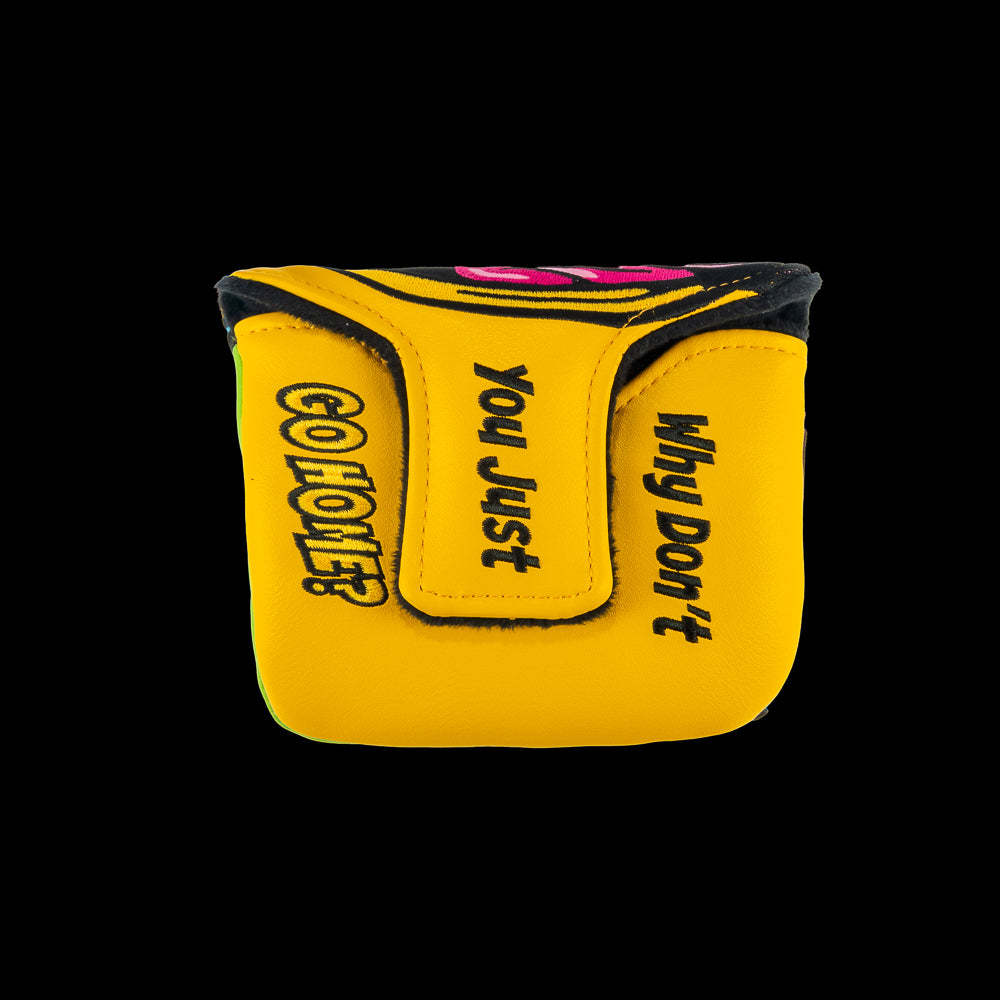 Rewind Golf x Happy Gilmore Why Don't You Just Go Home movie scene green, blue, and yellow mallet golf headcover.