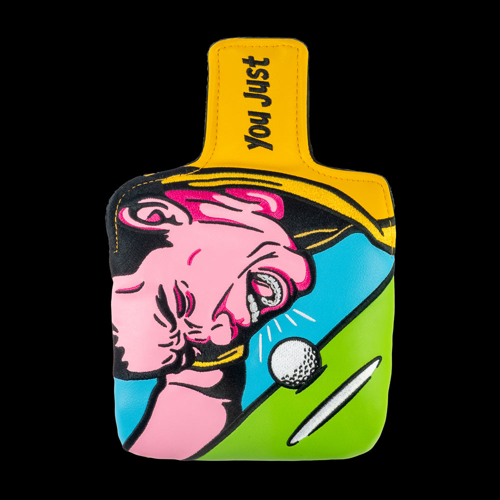 Rewind Golf x Happy Gilmore Why Don't You Just Go Home movie scene green, blue, and yellow mallet golf headcover.