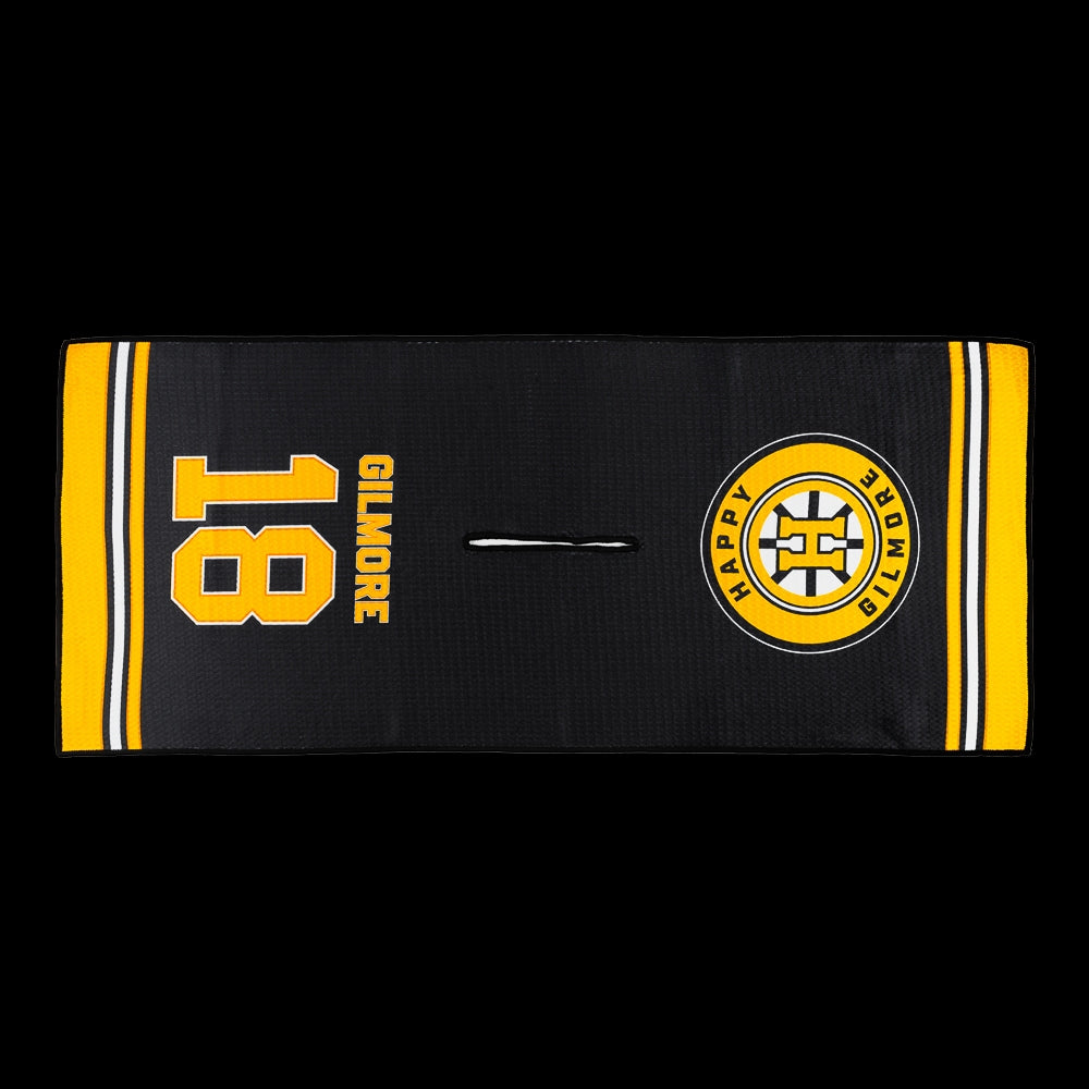 Black performance golf towel with yellow stripes and a Happy Gilmore Hockey logo.