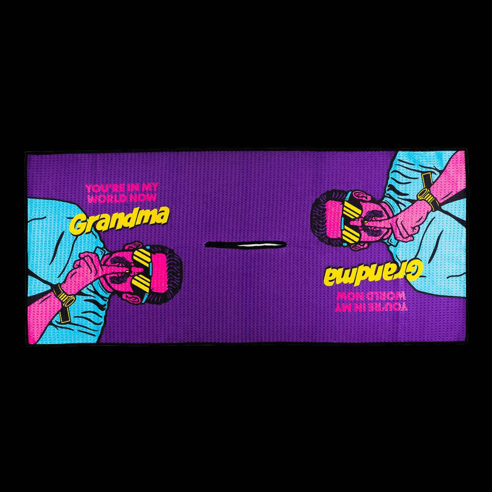 Rewind Golf x Happy Gilmore official You're in my world now Grandma performance golf towel.