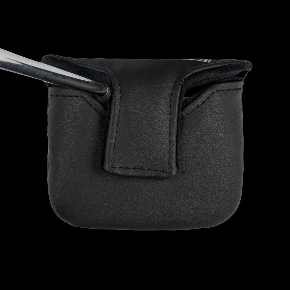 Animal House official blue golf sweater mallet putter headcover on black material.