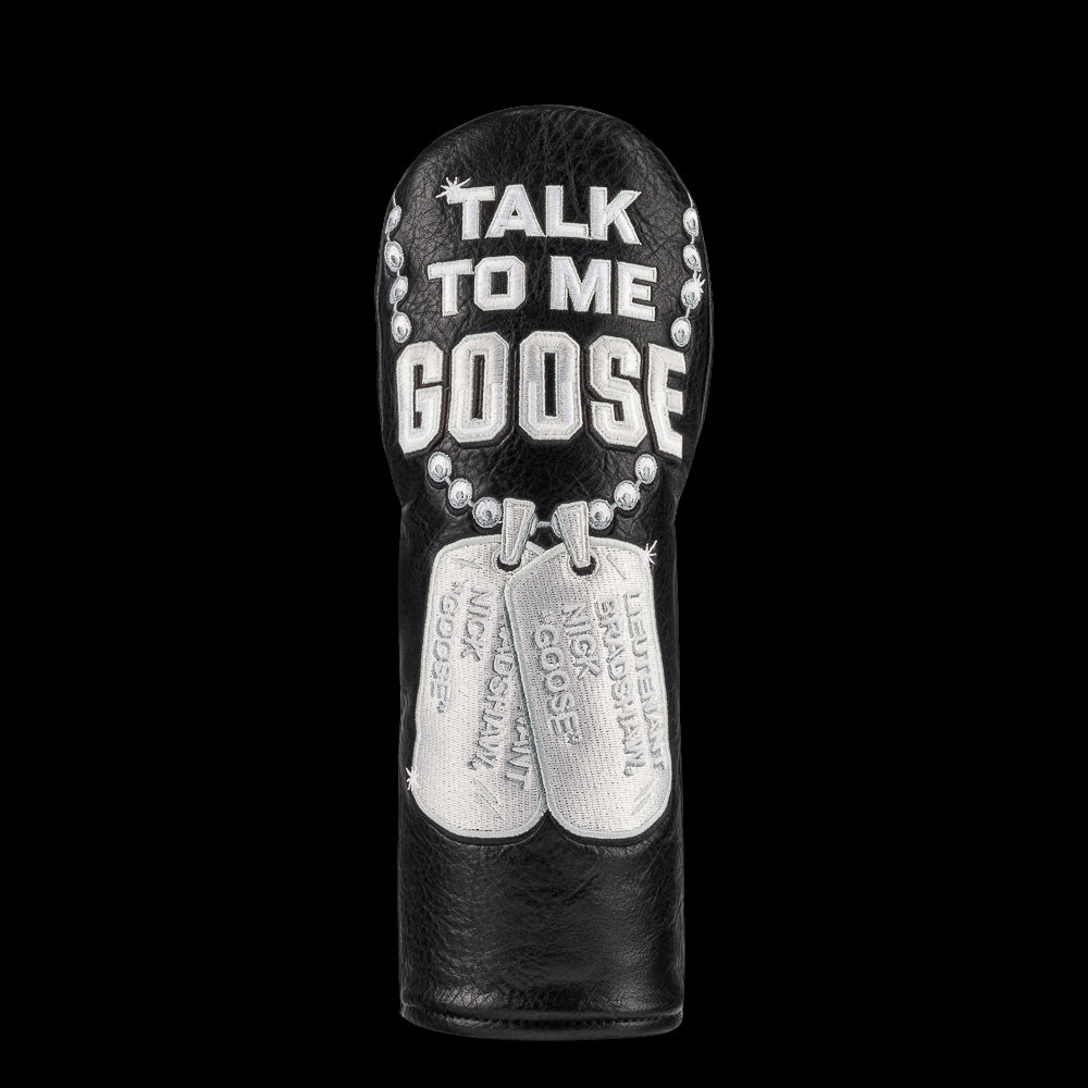 Top Gun x Rewind Golf Talk To Me Goose black and silver dog tag themed fairway wood golf headcover.