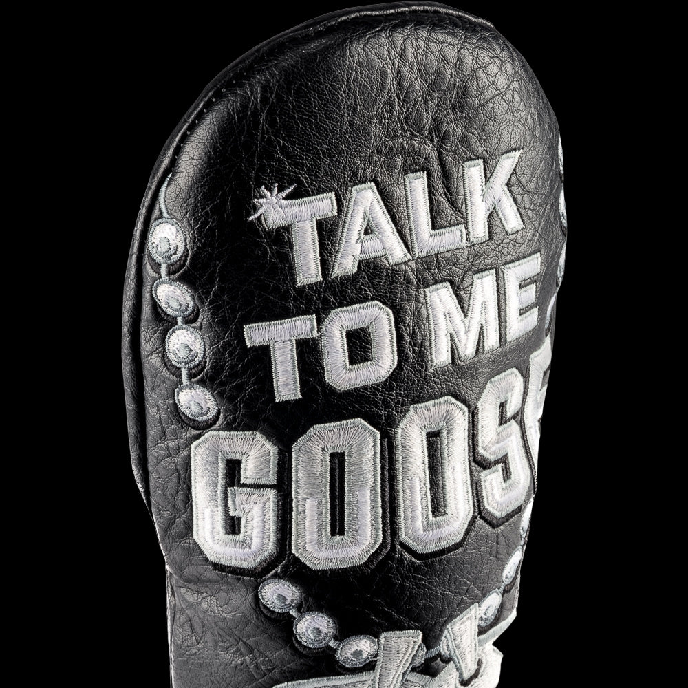 Top Gun x Rewind Golf Talk To Me Goose black and silver dog tag themed fairway wood golf headcover.