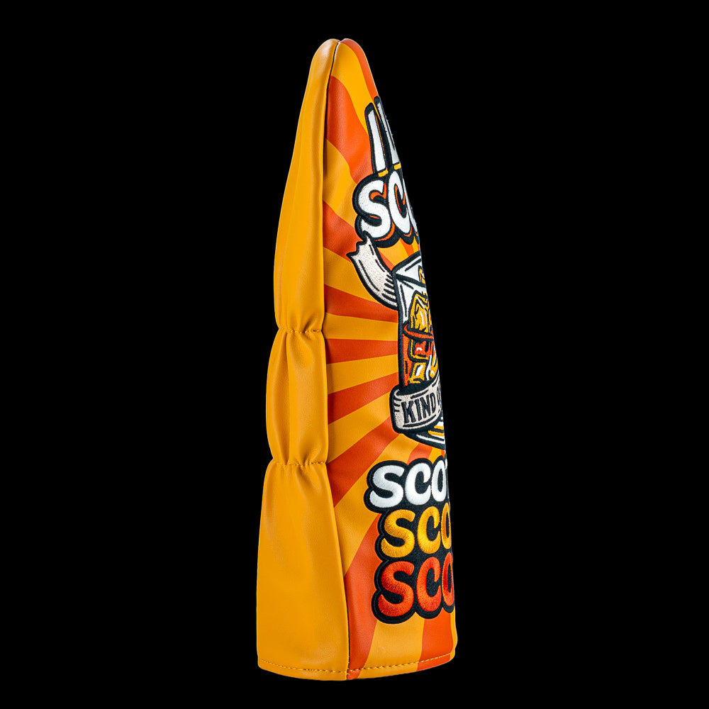 Rewind Golf x Anchorman I Love Scotch orange and yellow official driver golf headcover with whiskey glass embroidered on the front.