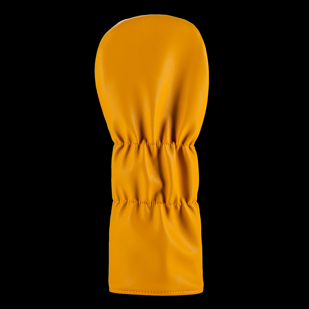 Rewind Golf x Anchorman I Love Scotch orange and yellow official driver golf headcover with whiskey glass embroidered on the front.